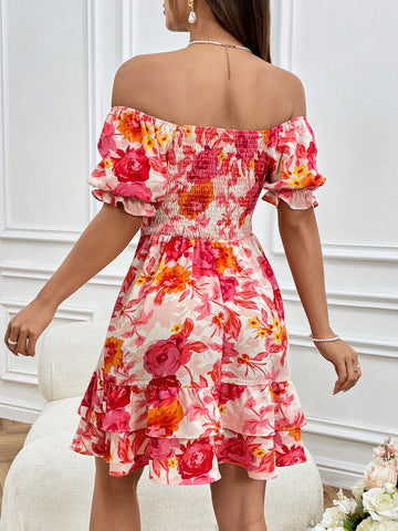 Floral Print Off Shoulder Puff Sleeve Layered Ruffle Hem Dress