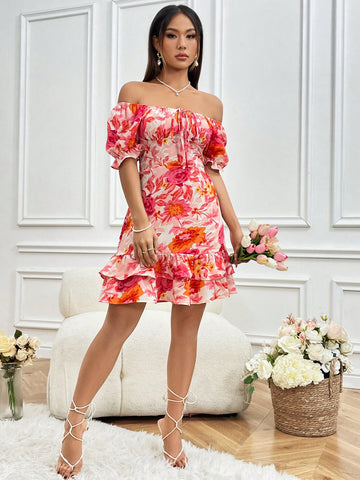 Floral Print Off Shoulder Puff Sleeve Layered Ruffle Hem Dress