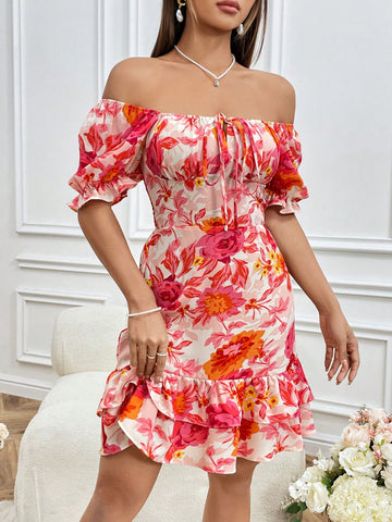 Floral Print Off Shoulder Puff Sleeve Layered Ruffle Hem Dress