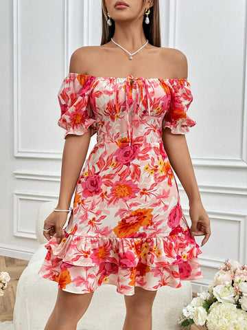 Floral Print Off Shoulder Puff Sleeve Layered Ruffle Hem Dress