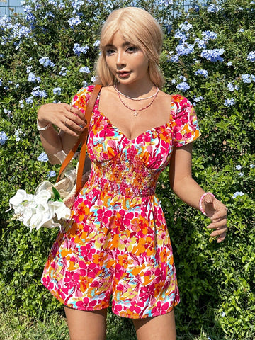 Floral Print Shirred Waist Romper