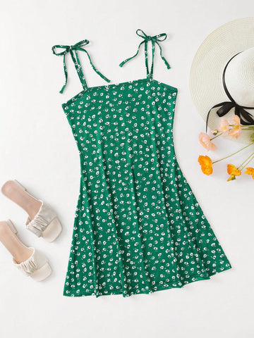 Floral Print Spaghetti Strap Dress With Shoulder Tie