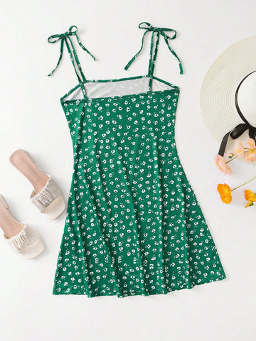 Floral Print Spaghetti Strap Dress With Shoulder Tie