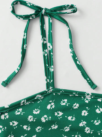 Floral Print Spaghetti Strap Dress With Shoulder Tie