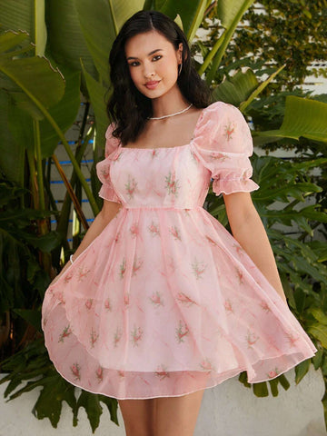 Floral Print Square Neckline Short Puff Sleeve Princess Dress For Women