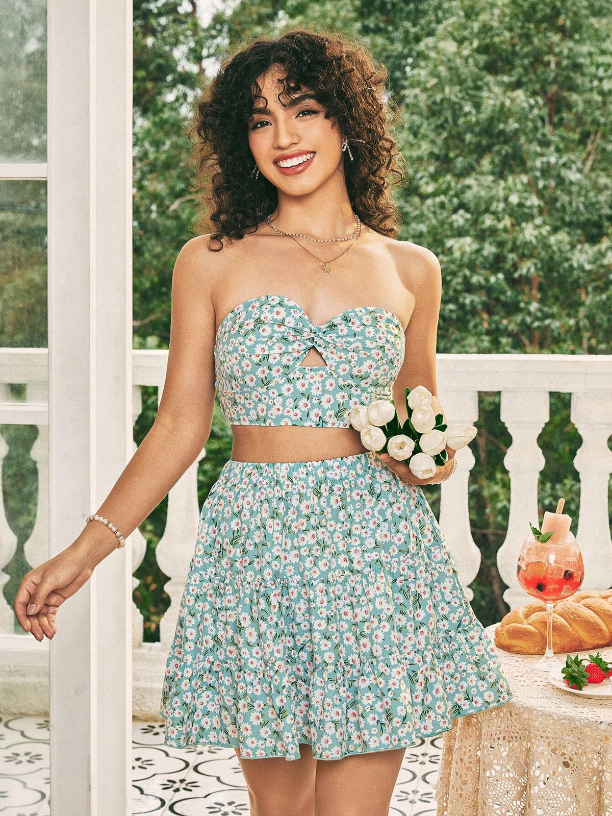 Floral Print Twisted Halter Top With Cutout Detail And A-Line Skirt
