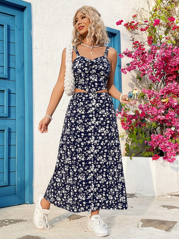 Floral Printed Crop Tank Top And Skirt Vacation 2pcs Outfit Set