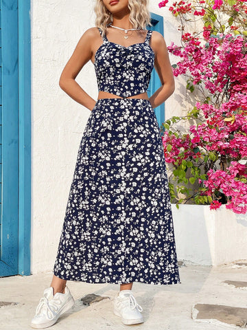 Floral Printed Crop Tank Top And Skirt Vacation 2pcs Outfit Set
