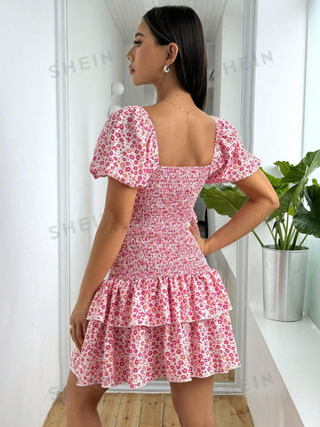 Floral Printed High Collar Tiered Hem Swing Dress