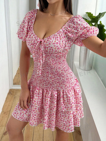 Floral Printed High Collar Tiered Hem Swing Dress