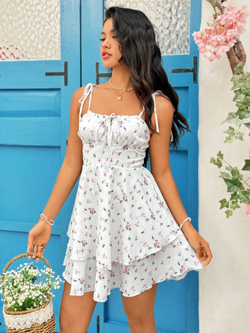 Floral Printed Pleated Bustier Cami Dress Sundress Short