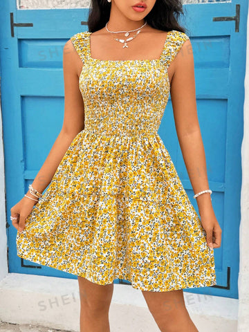 Floral Printed Ruffle Mock Neck Panel Sleeveless Dress