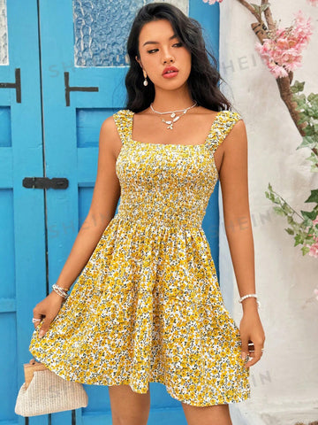 Floral Printed Ruffle Mock Neck Panel Sleeveless Dress