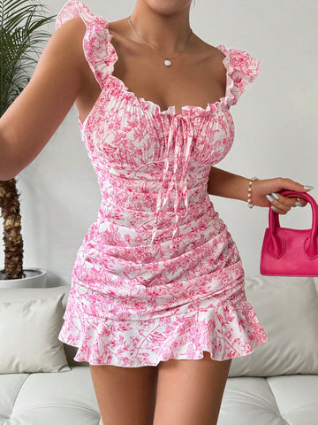 Floral Printed Ruffle Trimmed Wrap Dress With Decorative Border And Waist Bow