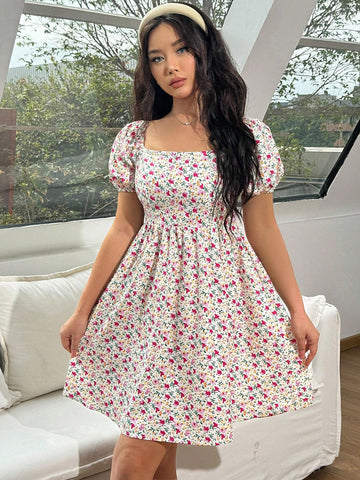 Floral Square Neck Bubble Sleeve Dress