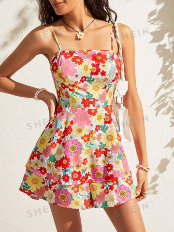 Flower Print Backless A-Line Straps Jumpsuit With Tie-Up Details
