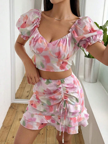 Flower Printed Tie-Dye Bubble Sleeve Cropped Top & Ruffled Hem Half Skirt Set