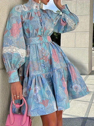 Flower Printed Women's Stand Collar Waist-Cinching Dress