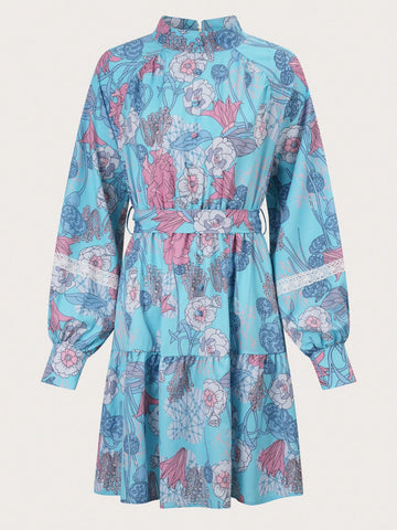 Flower Printed Women's Stand Collar Waist-Cinching Dress