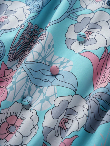 Flower Printed Women's Stand Collar Waist-Cinching Dress