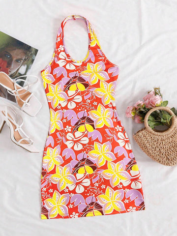 Full Print Floral Halterneck Maxi Dress