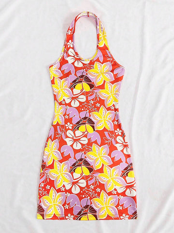 Full Print Floral Halterneck Maxi Dress