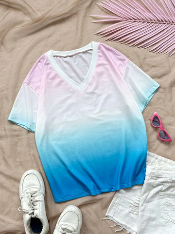 WYWH Gradient Loose Casual Vacation V-Neck T-Shirt With Lazy Feeling