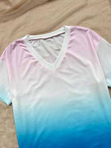 WYWH Gradient Loose Casual Vacation V-Neck T-Shirt With Lazy Feeling