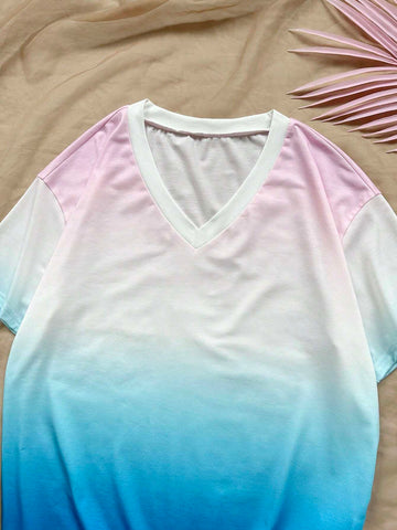 WYWH Gradient Loose Casual Vacation V-Neck T-Shirt With Lazy Feeling