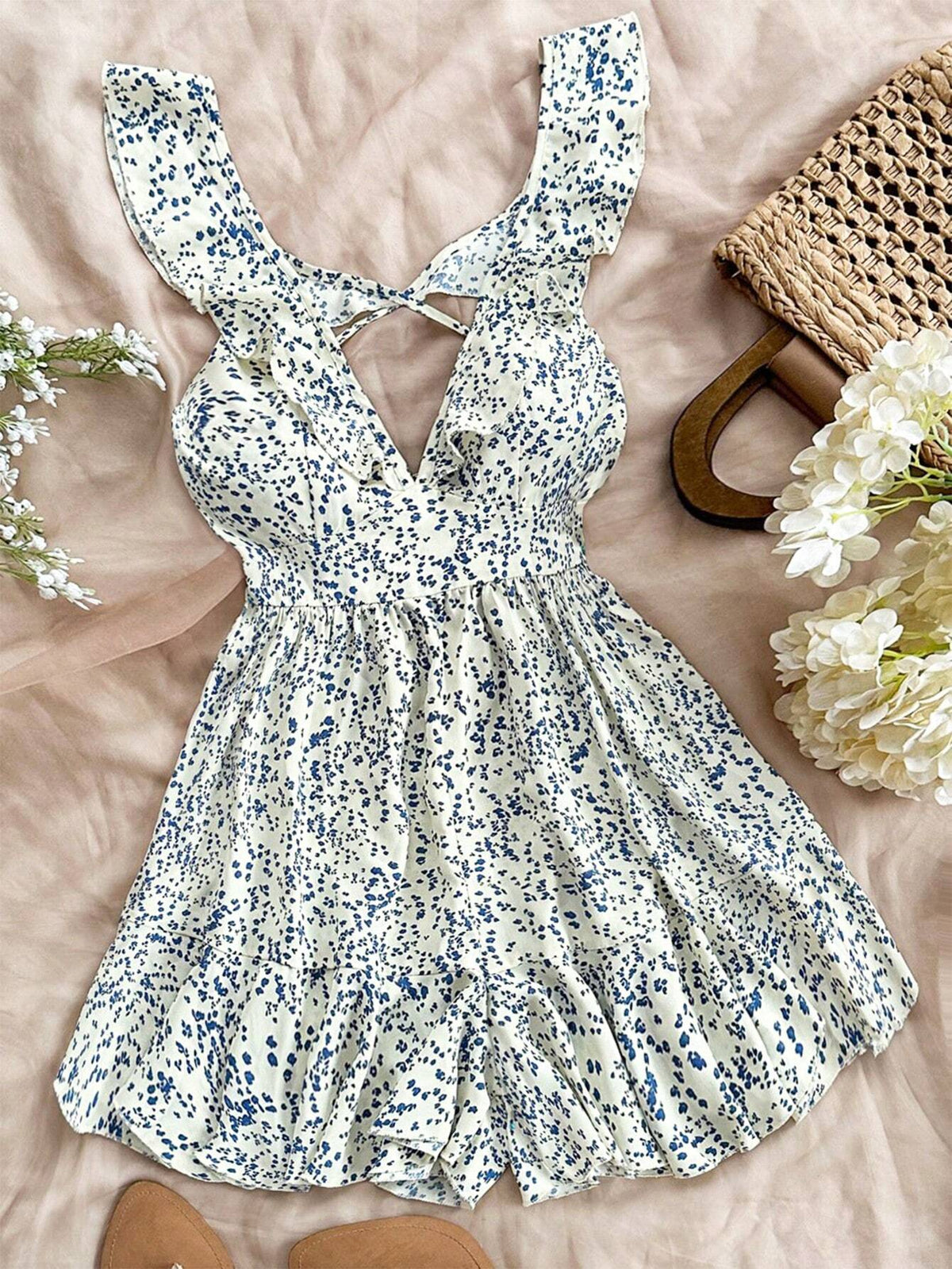 Green Ditsy Floral Cap Sleeve Off-Shoulder Jumpsuit With Ruffle Hem, Casual & Romantic For Women's Holiday