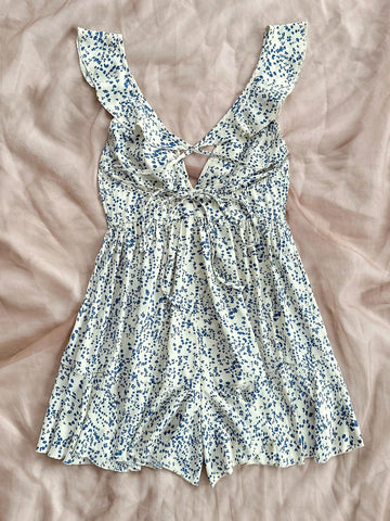 Green Ditsy Floral Cap Sleeve Off-Shoulder Jumpsuit With Ruffle Hem, Casual & Romantic For Women's Holiday