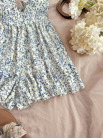 Green Ditsy Floral Cap Sleeve Off-Shoulder Jumpsuit With Ruffle Hem, Casual & Romantic For Women's Holiday