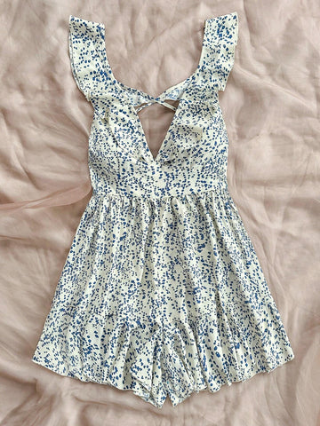 Green Ditsy Floral Cap Sleeve Off-Shoulder Jumpsuit With Ruffle Hem, Casual & Romantic For Women's Holiday