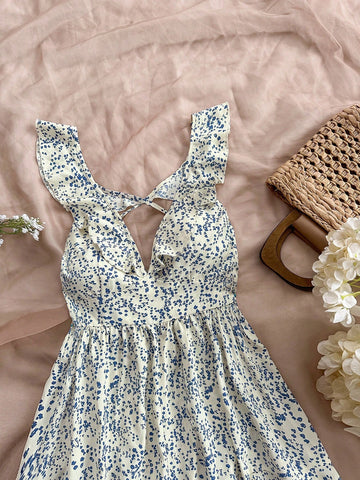 Green Ditsy Floral Cap Sleeve Off-Shoulder Jumpsuit With Ruffle Hem, Casual & Romantic For Women's Holiday