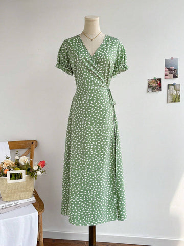 Green Floral V-Neck Wrap-Front Slit Romantic Casual Vacation Lovely Dress