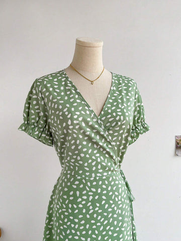 Green Floral V-Neck Wrap-Front Slit Romantic Casual Vacation Lovely Dress