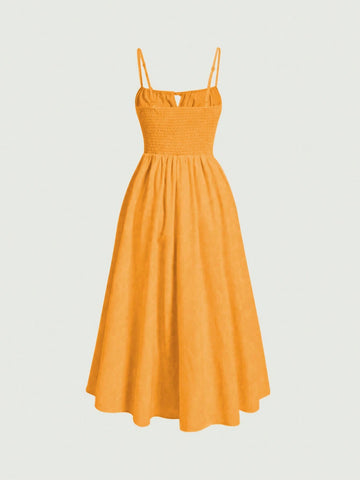 High Slit Spaghetti Strap Neckline Dress With Waist Pleats