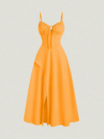 High Slit Spaghetti Strap Neckline Dress With Waist Pleats