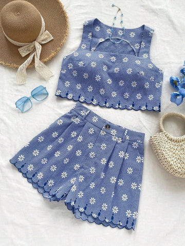 Holiday Leisure Plaid & Floral Textured Fabric Suit