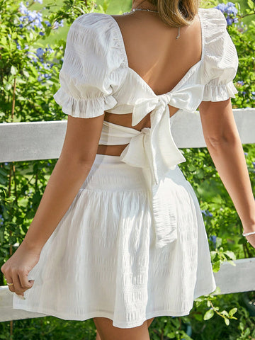 Hollow Out Ribbon Bowknot Detail Puff Sleeve Shirt With A Skirt