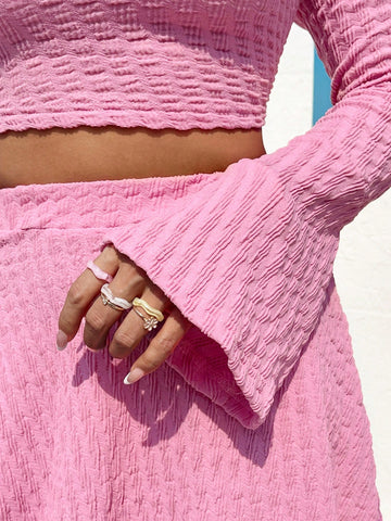 Lace-Up Back Flare Sleeve Top And Skirt Set