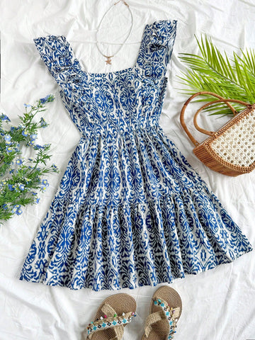 Ladies Blue & White Porcelain Print Cap Sleeve Square Neck A-Line Mini Dress For Holiday