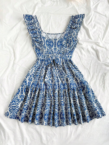 Ladies Blue & White Porcelain Print Cap Sleeve Square Neck A-Line Mini Dress For Holiday