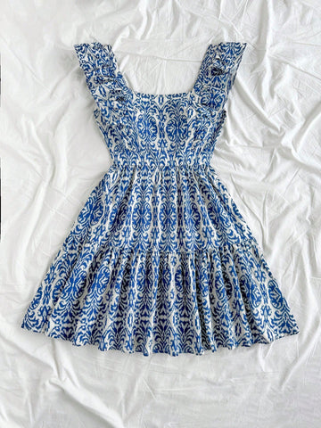 Ladies Blue & White Porcelain Print Cap Sleeve Square Neck A-Line Mini Dress For Holiday