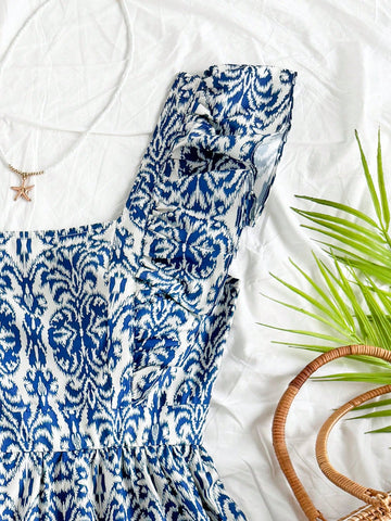 Ladies Blue & White Porcelain Print Cap Sleeve Square Neck A-Line Mini Dress For Holiday