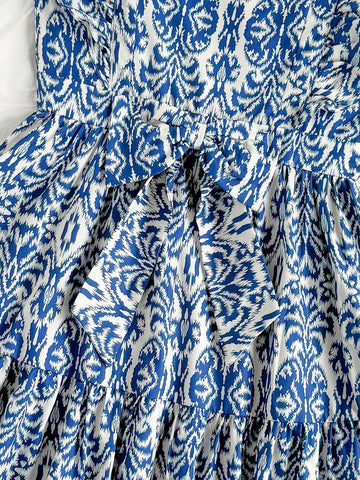 Ladies Blue & White Porcelain Print Cap Sleeve Square Neck A-Line Mini Dress For Holiday