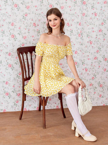 Ladies' Bohemian Style Off-Shoulder Ditsy Floral Dress For Vacation