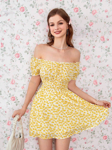 Ladies' Bohemian Style Off-Shoulder Ditsy Floral Dress For Vacation