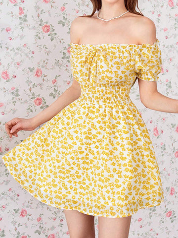 Ladies' Bohemian Style Off-Shoulder Ditsy Floral Dress For Vacation
