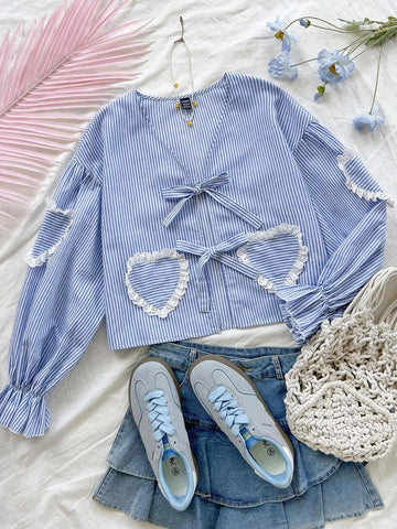 Ladies Casual Striped Shirt For Vacation, Front Bow Tie Collar, Heart Shape Lace Patchwork Pocket, Suitable For Autumn